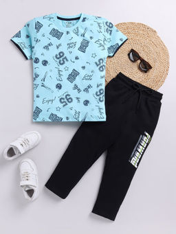 Hopscotch - Boys Blue and Black Text Print T-shirt and Pant Set