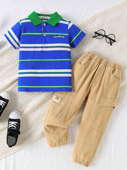 Hopscotch - Boys Blue and Khaki Stripe Print Polo T-shirt and Pant Set