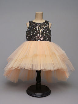 Hopscotch - Girls Black and Beige Sequin Embellished Sleeveless High-Low Party Dress