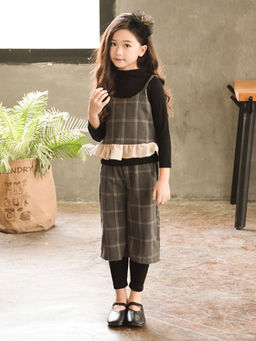 Hopscotch - Girls Black and Grey Checkered Blouse, Vest and Pant Set