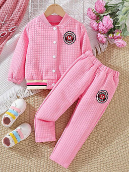 Hopscotch - Girls Pink Text Embroidered Textured Jacket and Pant Set