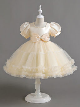 Hopscotch - Girls Yellow Bow and Beads Embellished Puff Sleeve Ruffled Party Dress