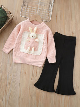 Hopscotch - Girls Pink and Black Textured Rabbit Toy Applique Sweater and Pant Set