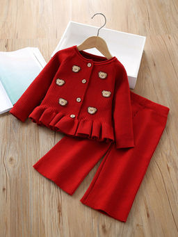 Hopscotch - Girls Red Teddy Bear Applique Ruffled Sweater and Pant Set