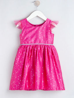 Hopscotch - Girls Pink Angel Sleeve Star Print Ethnic Dress with Lace Embellished