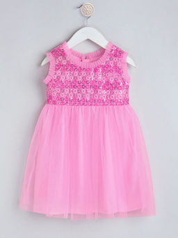 Hopscotch - Girls Pink Sequin Embellished Sleeveless Ethnic Dress