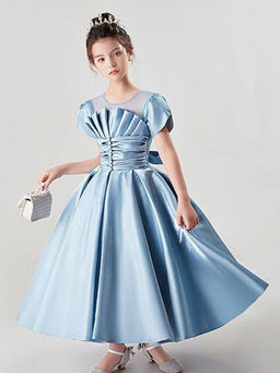 Hopscotch - Girls Blue Ruched with Buttons embellished Petal Sleeve Party Dress