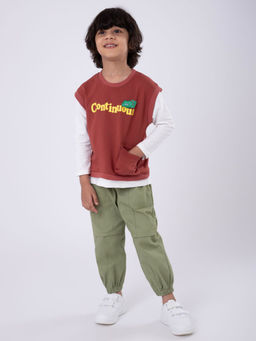 Hopscotch - Boys Burgundy and Olive Text Print Sweatshirt and Jogger Set