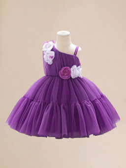 Hopscotch - Girls Purple Floral Applique One Shoulder Party Dress with Oversized Bow