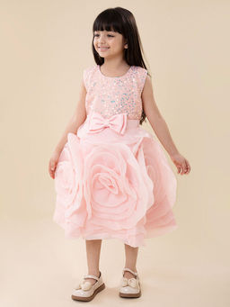 Hopscotch - Girls Pink Sequin Embellished Sleeveless Party Dress with Bow Applique