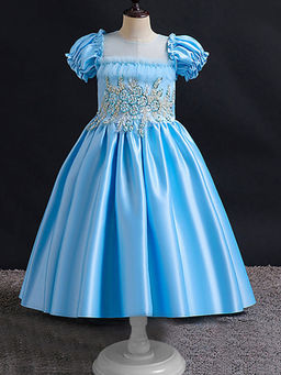 Hopscotch - Girls Blue Floral Embroidered Puff Sleeve Party Dress