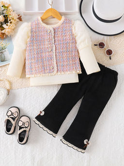 Hopscotch - Girls Multi Coloured Textured Blouse, Waistcoat and Pant Set