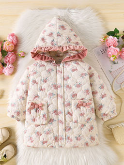 Hopscotch - Girls Off-White and Pink Floral Print Full-Sleeve Long Coat