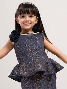Hopscotch - Girls Navy Sleeveless Glitter Print Party Dress