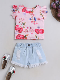 Hopscotch - Girls Pink Floral Print Blouse And Shorts Set
