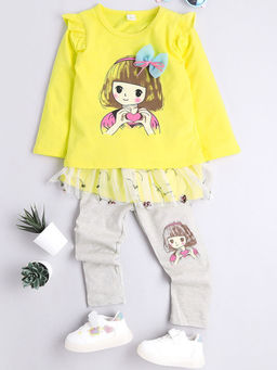 Hopscotch - Girls Yellow Graphic Print T-Shirt And Leggings Set