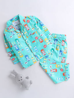 Hopscotch - Green All-Over Vehicle Print Shirt and Pajama Set
