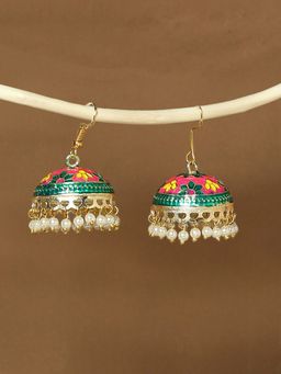 OOMPH - Green & Pink Floral Meenakari Ethnic Jhumka Earrings