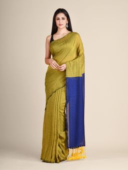 Arhi - Mustard Handwoven Soft Cotton Saree With Blue Border And Unstitched Blouse