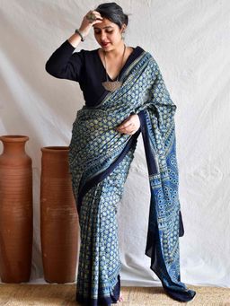 Sundarii - Blue Samundar Paar Ajrakh Cotton Saree with Unstitched Blouse