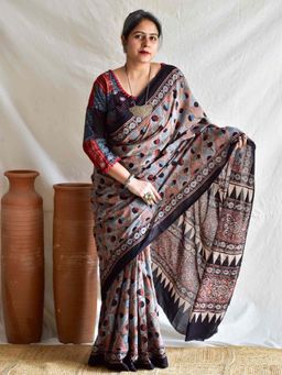 Sundarii - Multi-Colour Brahm Ajrakh Cotton Saree with Unstitched Blouse