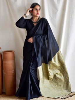 Sundarii - Navy Blue Midnight Dual Shaded Cotton Saree with Unstitched Blouse