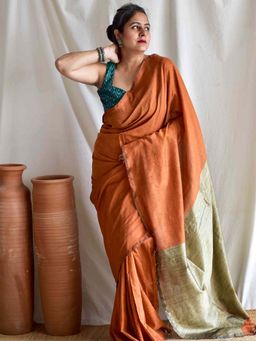 Sundarii - Rust Tangy Dual Shaded Cotton Saree with Unstitched Blouse