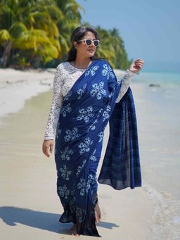 Sundarii - Hydrae Blue Mul Cotton Saree with Unstitched Blouse