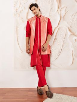 Vastramay - Men Red Solid Kurta with Jacket and Pant
