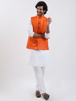 Vastramay - Men Orange Solid Kurta with Nehru Jacket and Pyjama