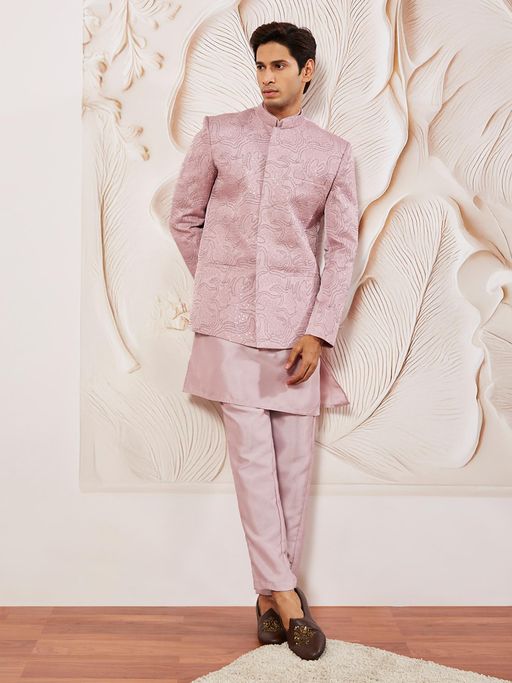 Vastramay Men Pink Embroidered Jodhpuri with Kurta and Pant (Set of 3)