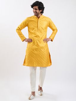 Vastramay - Men Yellow Embroidered Kurta with Pant