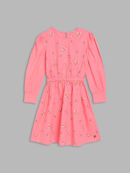Blue Giraffe - Girls Pink Color Blocked Round Neck Full Sleeves A-Line Dress