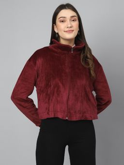 COLOR CAPITAL - Maroon Oversized Fur Zipper Jacket