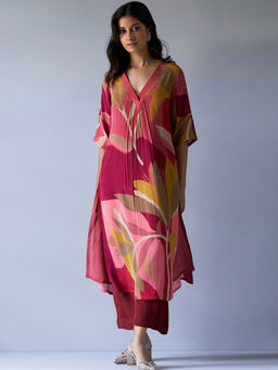 Ganga Fashions - Maroon Crepe Silk Printed Kurta Pant (Set of 3)