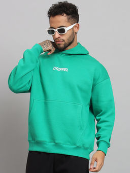 Griffel - Mens Bottle Green Front Logo Oversized Fleece Hoodie Sweatshirt