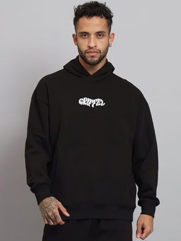 Griffel - Mens Black Absent Minded Print Front Logo Oversized Fleece Hoodie Sweatshirt