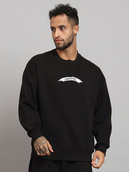 Griffel - Mens Black EYE Print Oversized Round Neck Fleece Black Sweatshirt