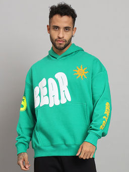 Griffel - Mens BEAR Print Front Logo Oversized Fleece Hoodie Bottle Green Sweatshirt