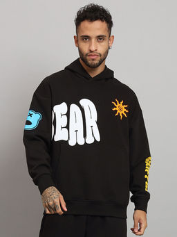 Griffel - Mens BEAR Print Front Logo Oversized Fleece Hoodie Bottle Black Sweatshirt