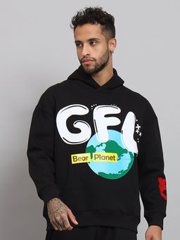 Griffel - Mens EARTH Print Front Logo Oversized Fleece Hoodie Neon Black Sweatshirt