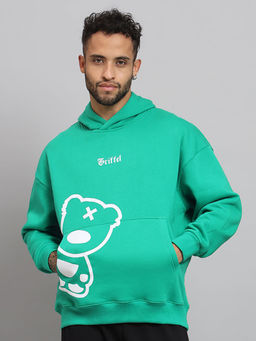 Griffel - Mens TEDDY Logo Oversized Fleece Hoodie Bottle Green Sweatshirt