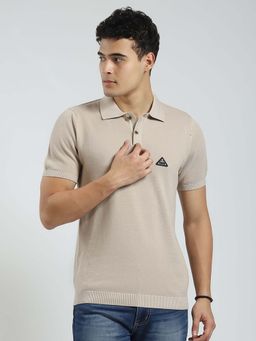 Rock.it - Mens Beige Solid Collar Neck Polo T-Shirt
