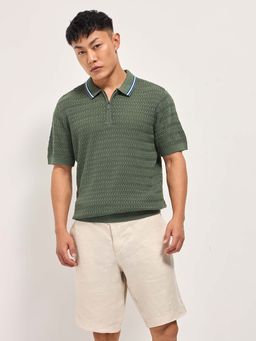 The Bear House - Mens Slim Green Cotton Self Design Polo T-Shirt