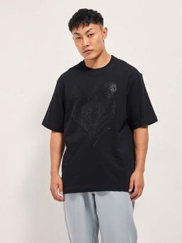 The Bear House - Mens Black Cotton Self Design Oversize T-Shirt