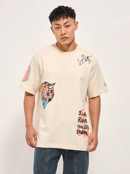 The Bear House - Mens Cream Cotton Graphic Print Oversize T-Shirt