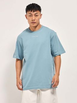 The Bear House - Mens Blue Cotton Solid Oversize T-Shirt