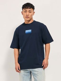 The Bear House - Mens Oversize Navy Blue Cotton Drop Shoulder T-Shirt