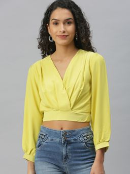 SHOWOFFFF - Women V-Neck Solid Lime Green Crop Top