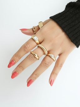 Lilly & Sparkle - Set of 6 Gold-Toned White Crystal Embellished Contemporary Finger Rings